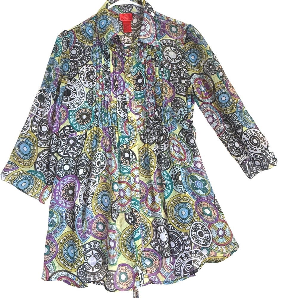 V Cristina sheer boho tunic blouse shirt top‎ L multicolor festival psychedelic